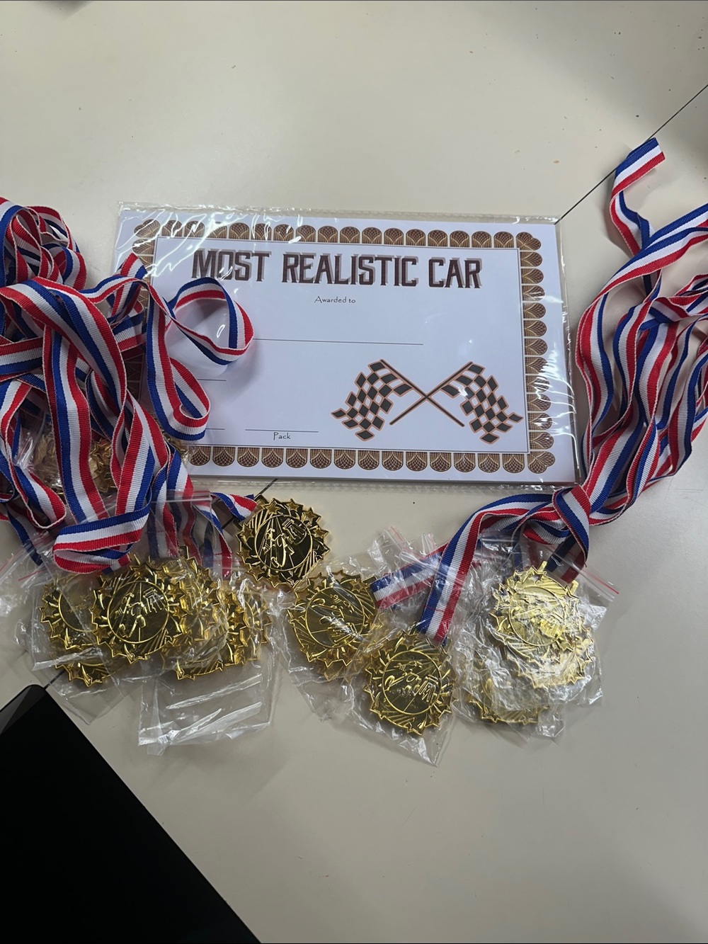 15 piece race car medals & certificate set